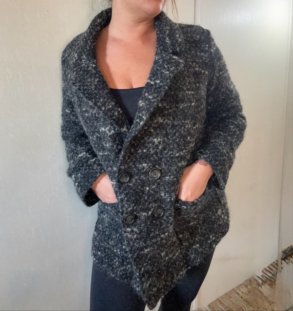 J.Jill Wool Alpaca Mohair Boucle Blazer Jacket Large Black Gray Double Breasted